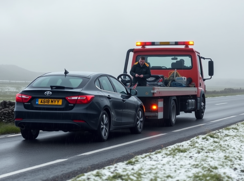Tow truck helping a stranded car during cold, foggy winter weather in Cork.
