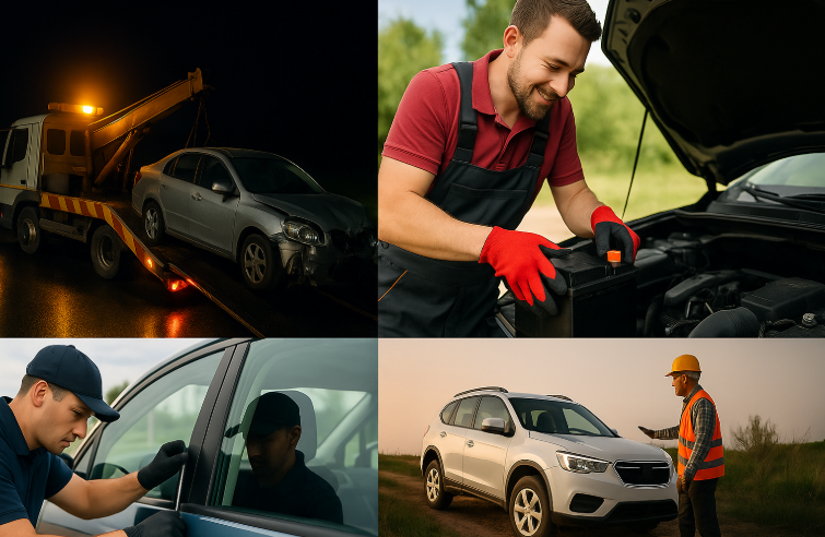 A collage of professional tow truck services in Cork including accident recovery, car lockout assistance, off-road vehicle recovery, and battery replacement, available 24/7.