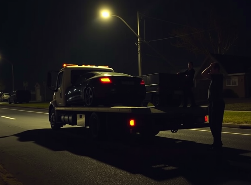 An unmarked tow truck towing a car in a suspicious manner, highlighting common towing scam tactics.