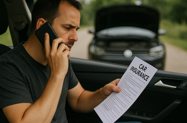 A driver calling their insurance company for verified towing assistance after a vehicle breakdown.
