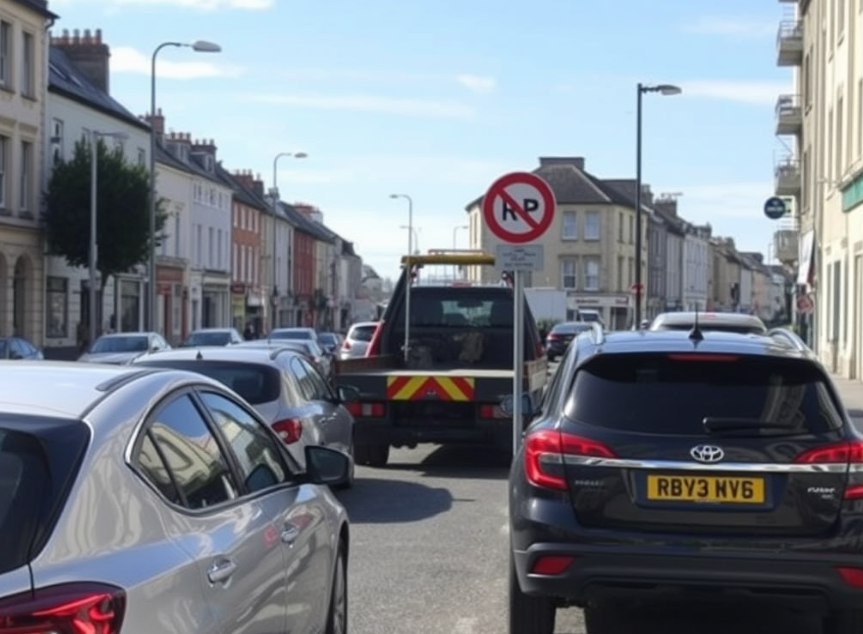 Tow truck in a busy urban area of Cork, where parking-related scams commonly occur.