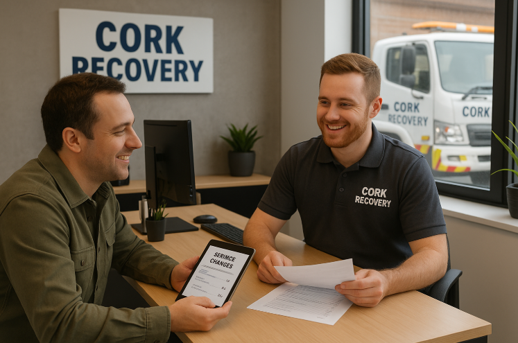 Driver discussing towing service prices with a Cork provider.