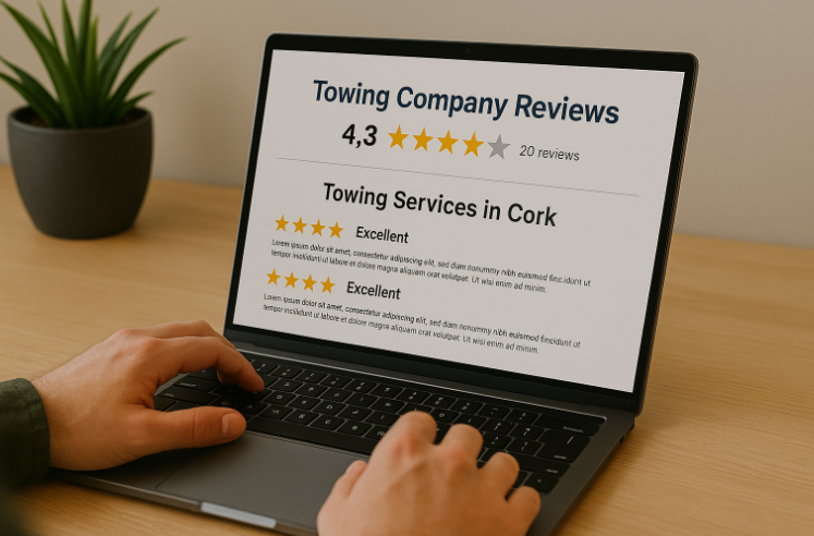Customer checking online reviews of Cork towing companies.