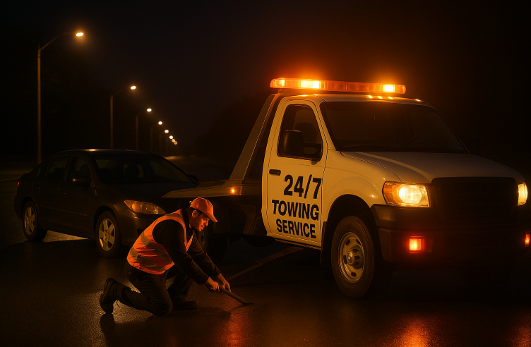 Emergency towing service in Cork operating at night.