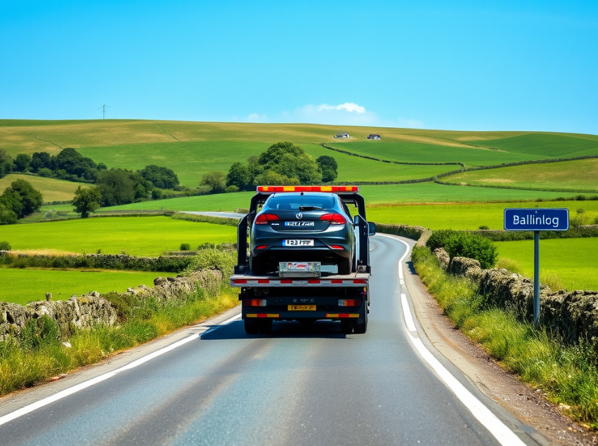 Tow truck transporting a car through the outskirts of Cork with visible nearby town signs.