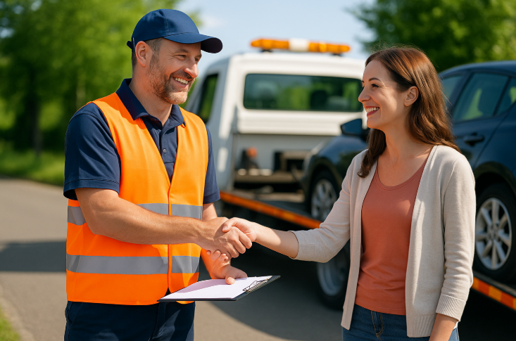 Friendly tow truck driver assisting a happy customer during a vehicle breakdown in Cork.