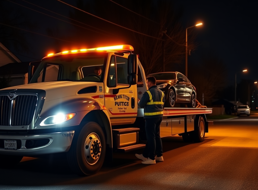 Tow truck driver providing emergency help at night in Cork with safety lights on.