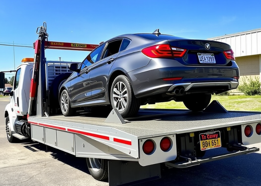 Flatbed tow truck securely loading a car using safety gear in Cork.