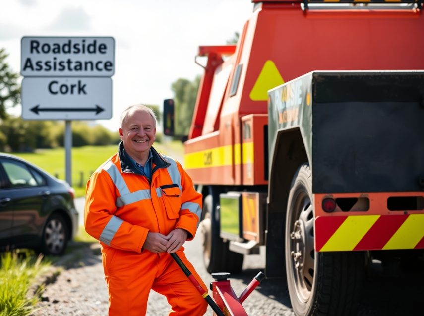Tow truck operator providing roadside assistance with tire change in Cork.