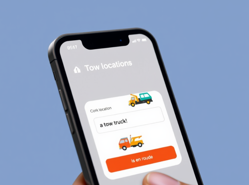 Mobile app interface showing tow truck booking with location in Cork.