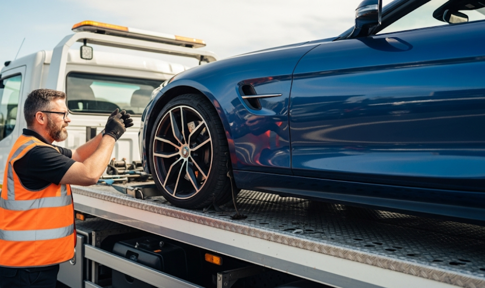 Professional flatbed towing service handling luxury car in Cork