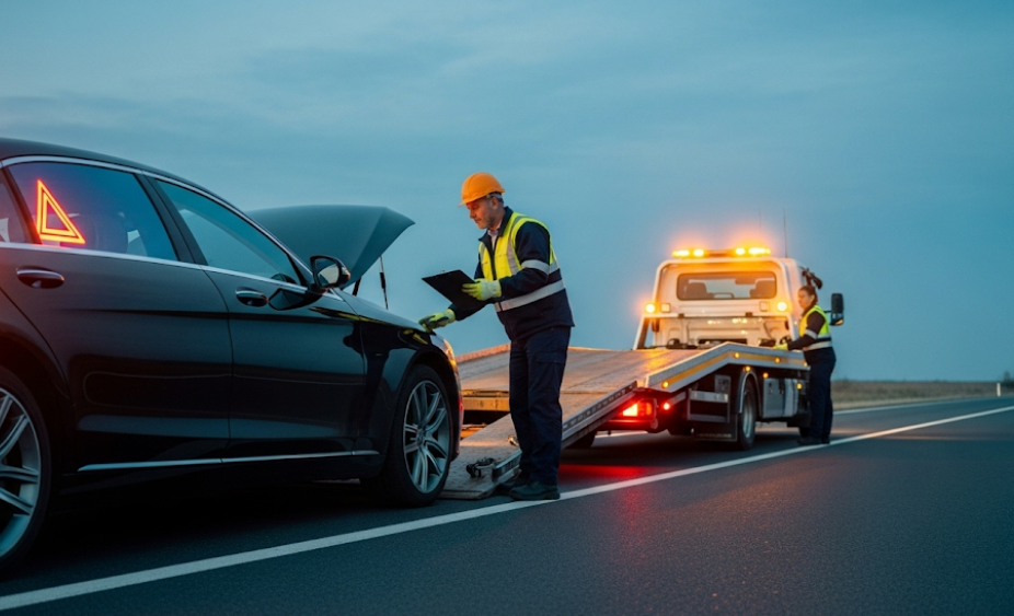 Luxury car being towed by flatbed after roadside breakdown in Cork