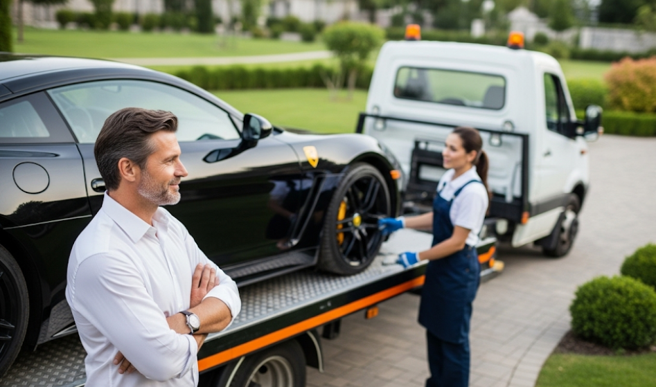 Owner confidently overseeing flatbed towing of their high-end vehicle.