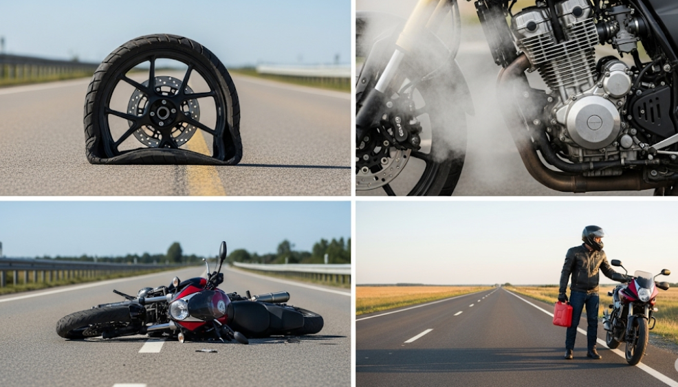 Common issues requiring motorcycle towing like flat tires, overheating, accidents, and fuel shortages.
