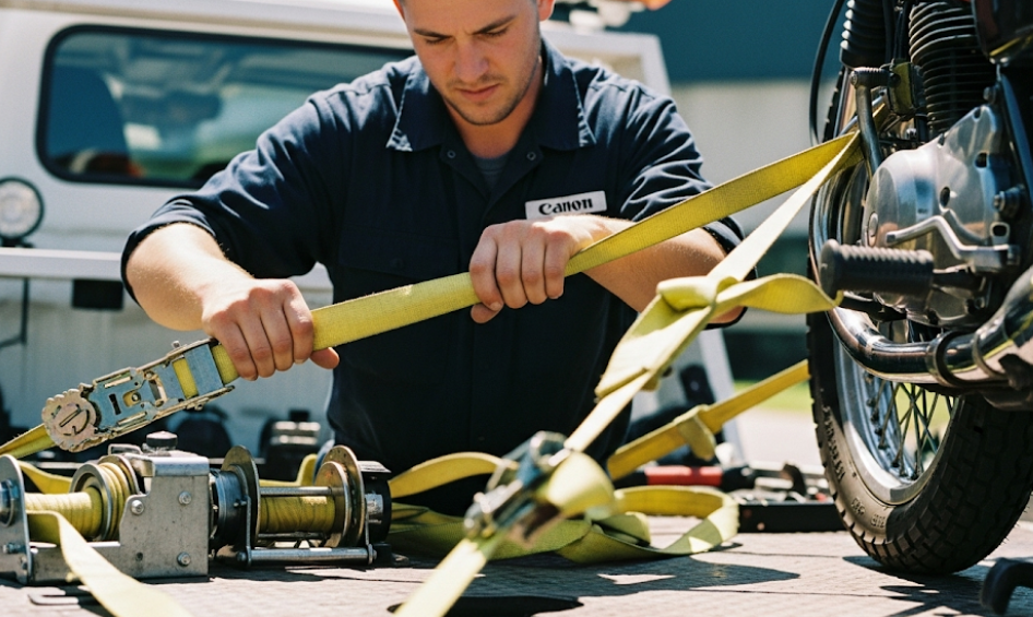 Technician safely strapping a motorcycle on a flatbed tow truck.