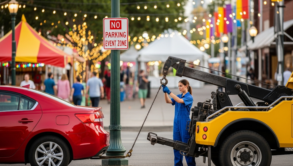 Illegally parked car being towed from a restricted festival zone in Cork.
