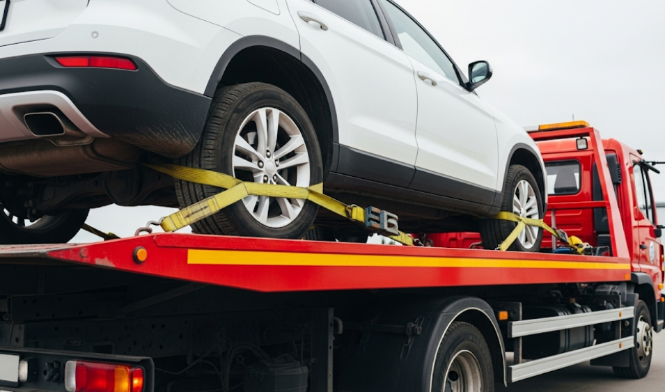 Luxury car secured on flatbed tow truck with all wheels lifted