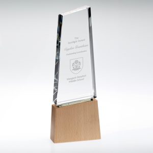 CLEAR GLASS BLOCK ON LIGHT WOOD BASE WITH COLOUR FLASH (32mm THICK) - 8.75in
