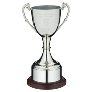 NICKEL PLATED CUP ON ROUND PLINTH WITH BAND - 8.25in