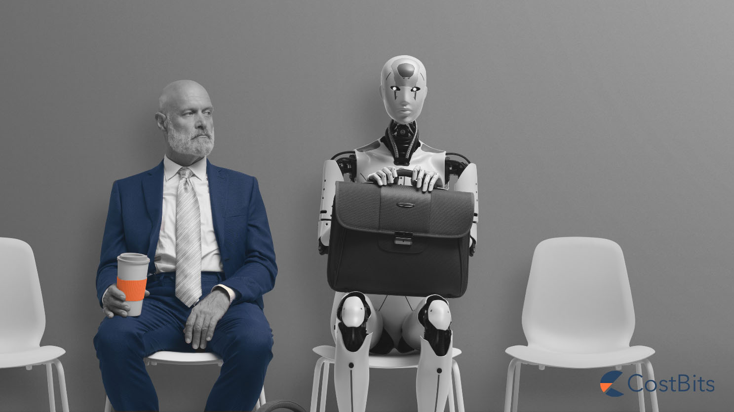 Procurement and AI - a man in a suit sit next to a robot