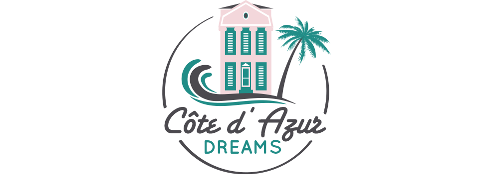 Logo til nettsiden med fransk hus, palm og sjø