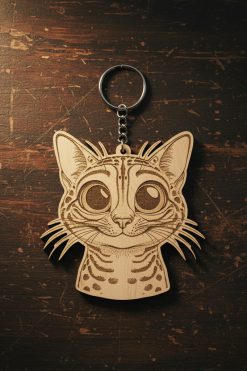 🔑 Houten sleutelhanger met Egyptian Mau (karikatuur)