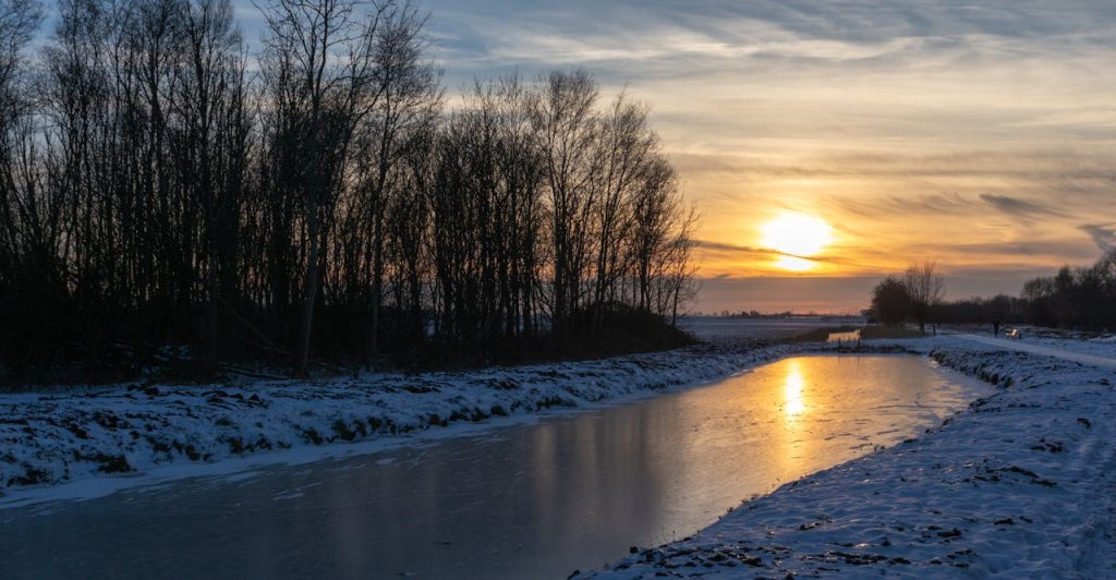 Serene winter sunset reflecting on frozen canal with silhouetted trees in Wateringen, Netherlands.
