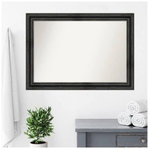 Art Rustic Pine Black 41.5 in. W x 29.5 in. H Non-Beveled Wood Bathroom Wall Mirror in Black
