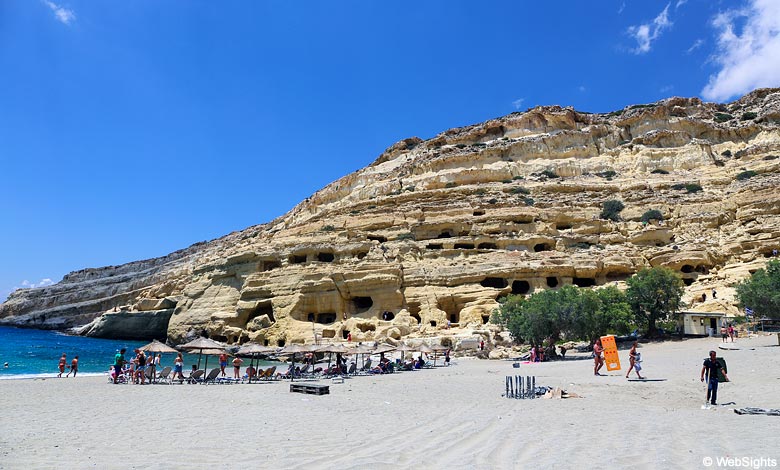 Matala beach and the popular cliffs with caves