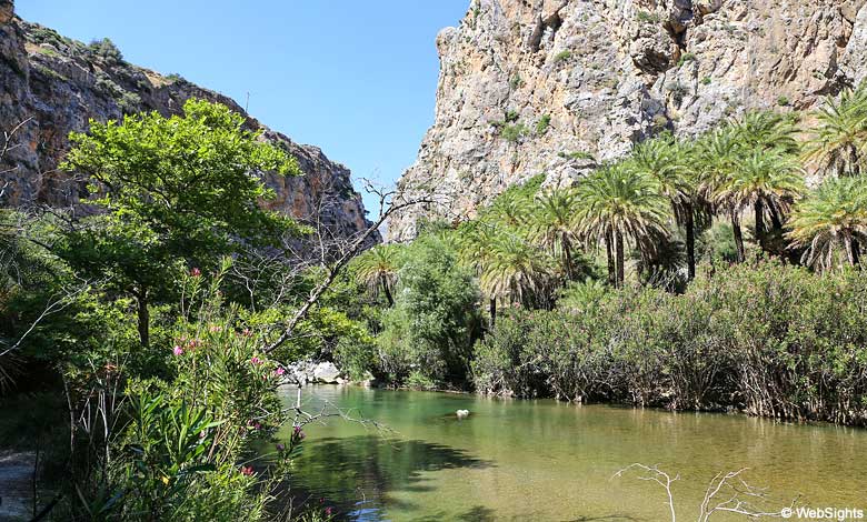 Der Wasserlauf am Strand von Preveli ist von Palmen und hohen Klippen umgeben