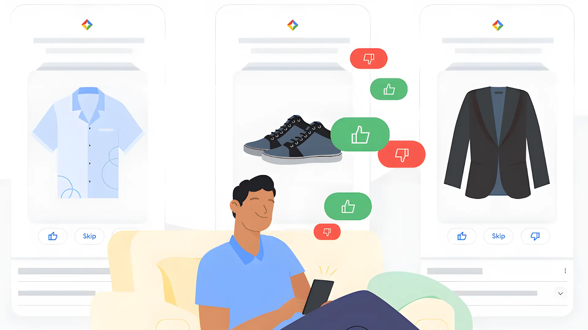 Illustration av en person som använder mobilen för att ge feedback på produkter i Google Shopping-flödet, med tummen upp och ner-symboler framför skjorta, skor och kavaj.