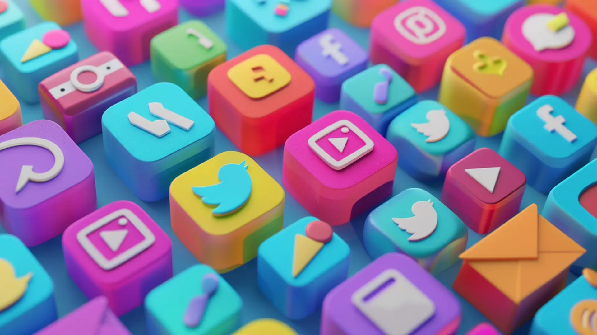 Kunskapsbank 7 Färgglada 3D-ikoner för sociala medieplattformar som Instagram, Twitter, Facebook och YouTube, symboliserar Social Search och digital synlighet.