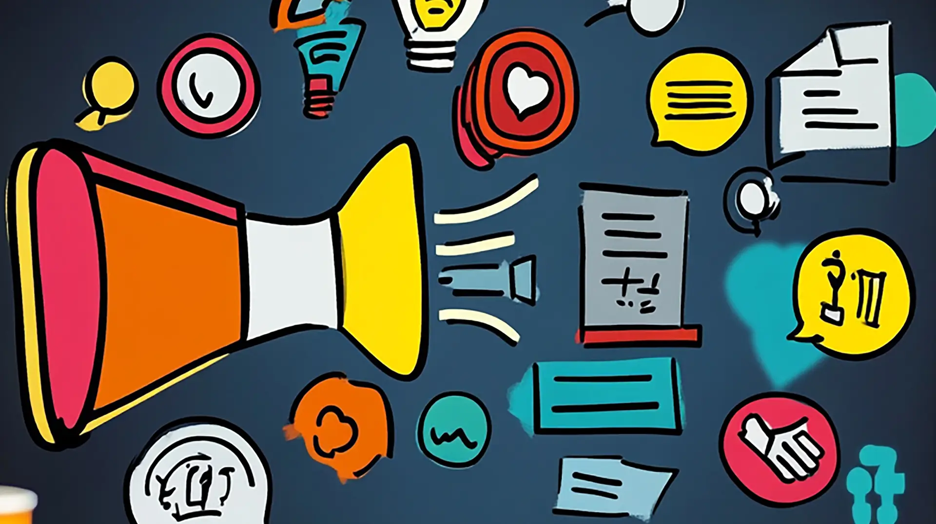 Kunskapsbank 1 Illustration av en megafon omgiven av ikoner som symboliserar kommunikation, sociala medier och marknadsföring.