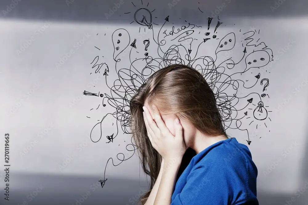 Woman experiencing stress or headache with chaotic thought bubble illustrations against gray background