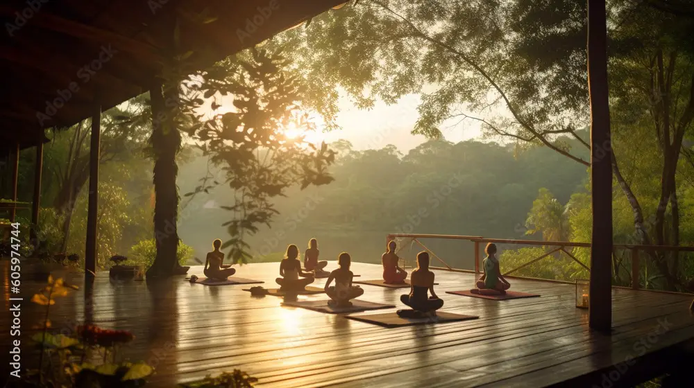 A serene yoga retreat with naturopathy practitioners engaged in poses amidst tranquil surroundings Generative AI