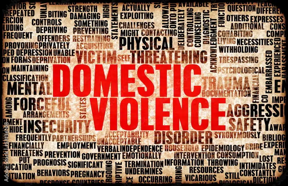 Word cloud on domestic violence themes with related terms in red and black on textured background