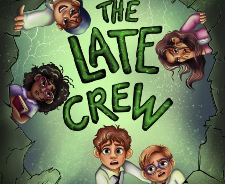 Cartoon faces of children around the title, "The Late Crew", all with a green background.