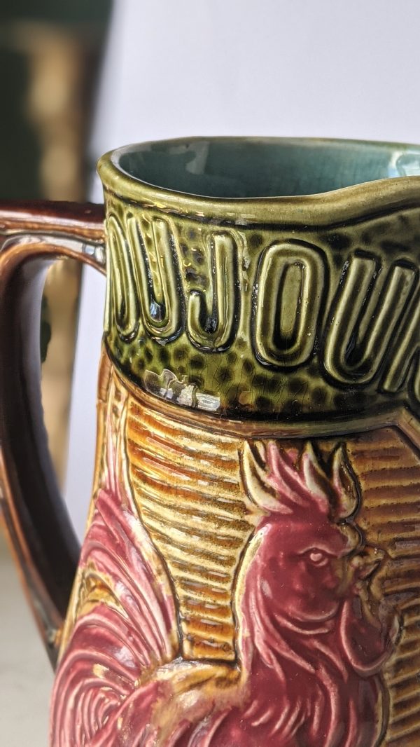 Vintage French 1930s Wasmuël Bonjour Wallon Toujour Majolica Jug, Water Pitcher, Milk Jug - Image 2