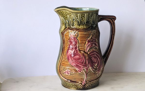 Vintage French 1930s Wasmuël Bonjour Wallon Toujour Majolica Jug, Water Pitcher, Milk Jug