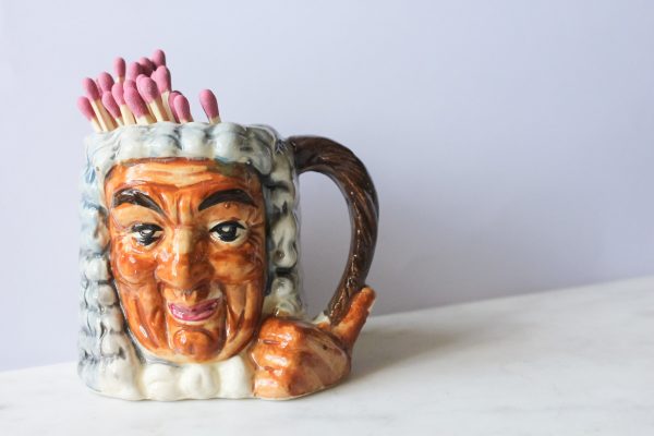 Vintage Toby Jovial Judge Porcelain Hand Painted Pitcher Jug Holder  Set of 2 - Image 4