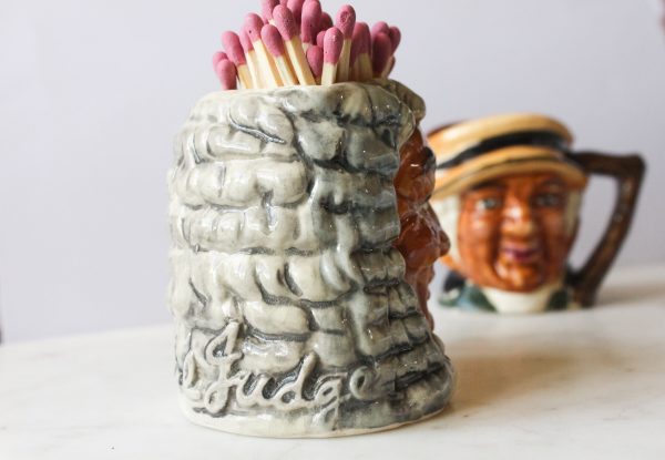 Vintage Toby Jovial Judge Porcelain Hand Painted Pitcher Jug Holder  Set of 2 - Image 5