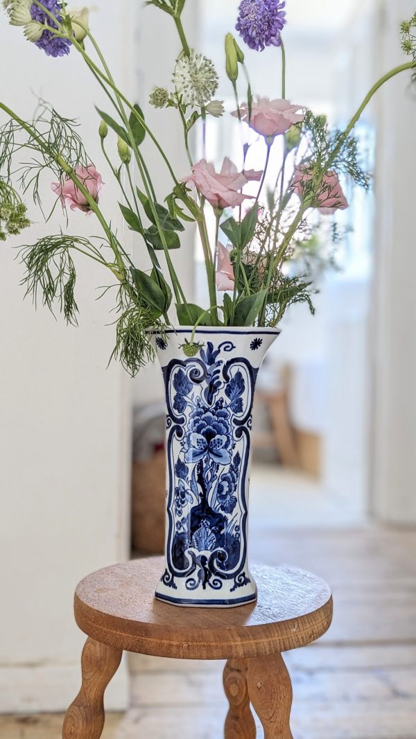 Vintage Delft Porceleyne Fles Octagonal Blue and White Tall Flower Vase