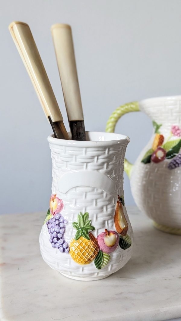 Vintage A. Santos Portugal Ceramic Basket Weave Jug, Hand Painted Fruity Pitcher | Utensil Jar | Vintage Tableware - Image 2