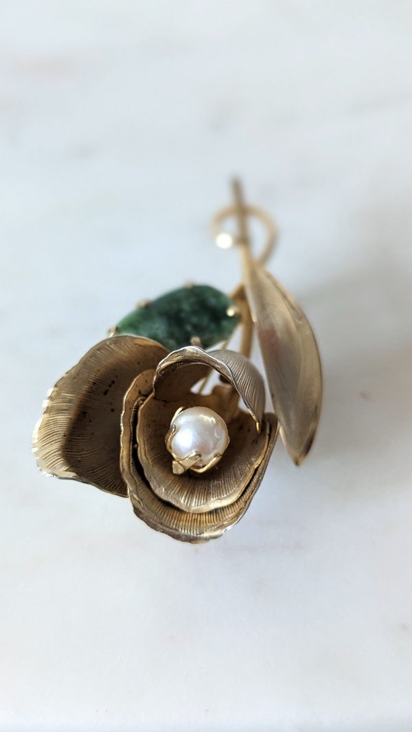Vintage Gold Plated Rose Brooch With Jade and Pearl Accessory - Image 2