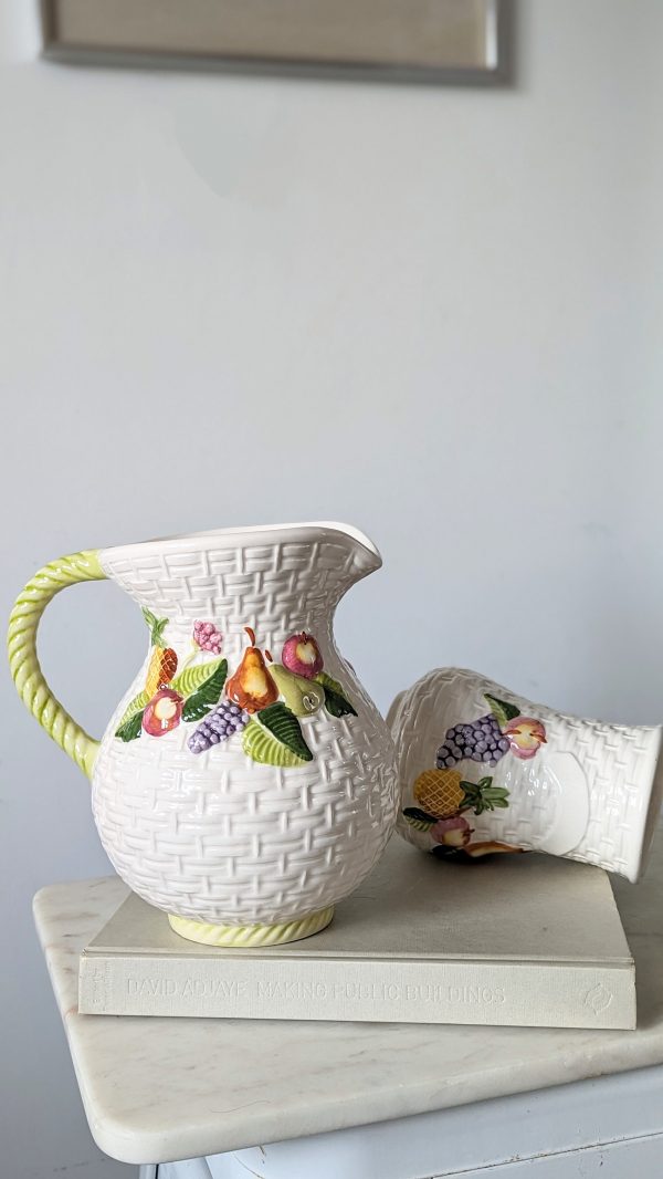 Vintage A. Santos Portugal Ceramic Basket Weave Jug, Hand Painted Fruity Pitcher | Utensil Jar | Vintage Tableware - Image 3