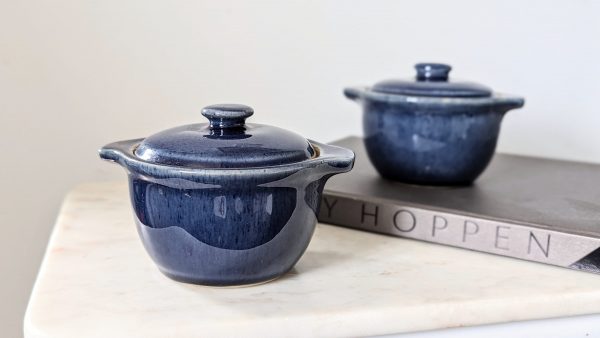 Vintage 80s Denby Cottage Blue Marmite Oven Pot With Lid, Set of 2