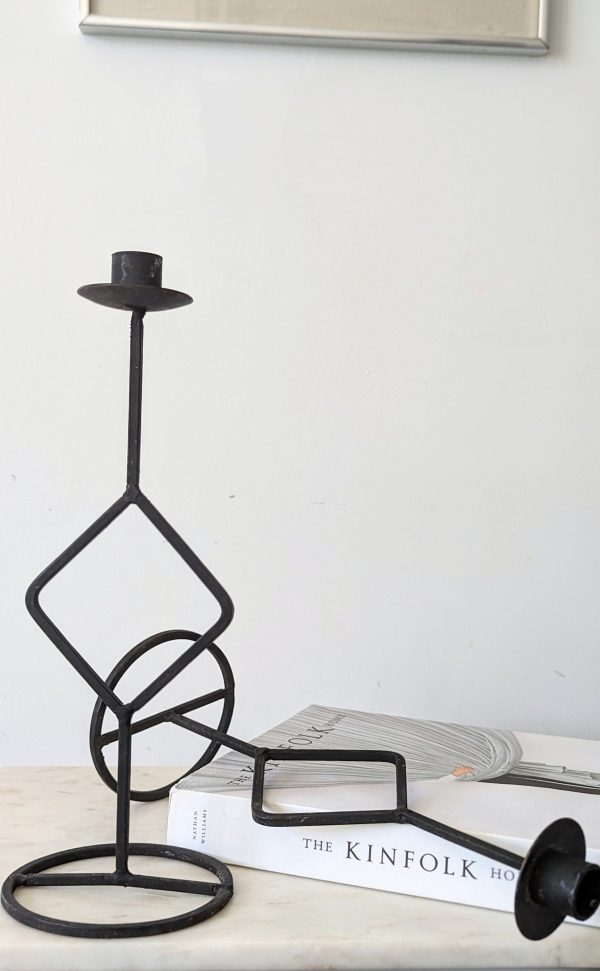 Vintage Tall Black Wrought Iron Candlestick Holders - Image 4