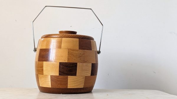 Vintage Wooden Cambridge Ware Chequered Ice Bucket With Silver Handle