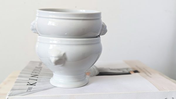 Vintage French White Porcelain Footed Soup Bowls with Lions Head Handles