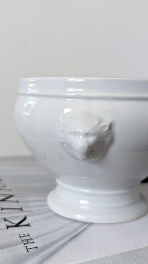 Vintage French White Porcelain Footed Soup Bowls with Lions Head Handles - Image 4